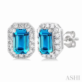 5x3 MM Octagonal Shape Blue Topaz and 1/8 Ctw Single Cut Diamond Halo Semi-Precious Stud Earrings in 14K White Gold Quick Match