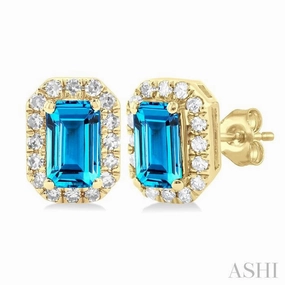 5x3 MM Octagonal Shape Blue Topaz and 1/8 Ctw Single Cut Diamond Halo Semi-Precious Stud Earrings in 14K Yellow Gold Versatile Craft
