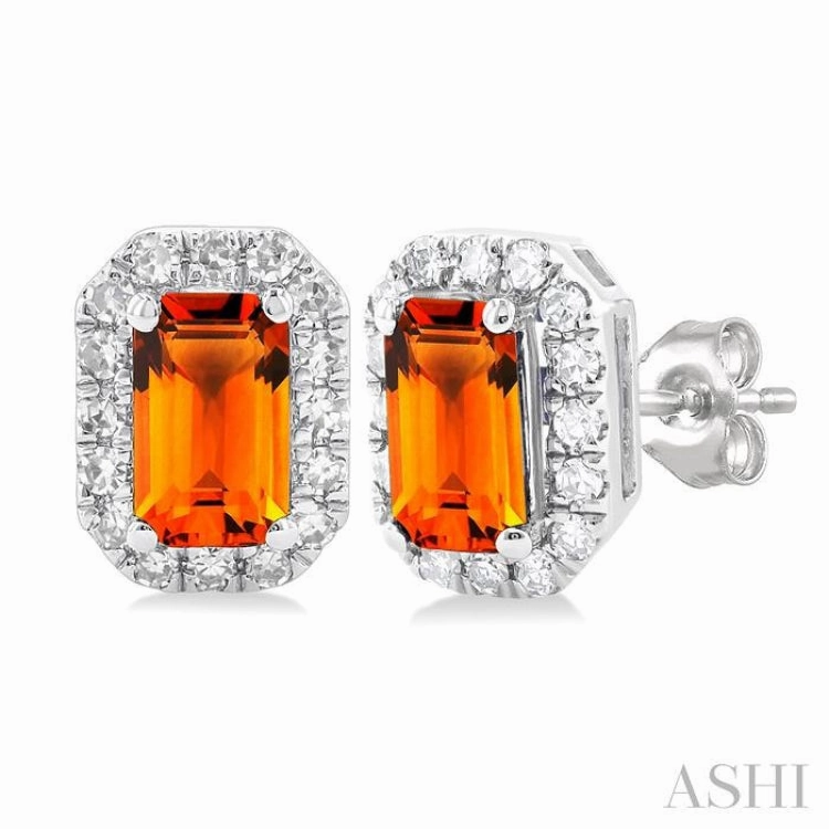 5x3 MM Octagonal Shape Citrine and 1/8 Ctw Single Cut Diamond Halo Semi-Precious Stud Earrings in 14K White Gold Everyday Charm