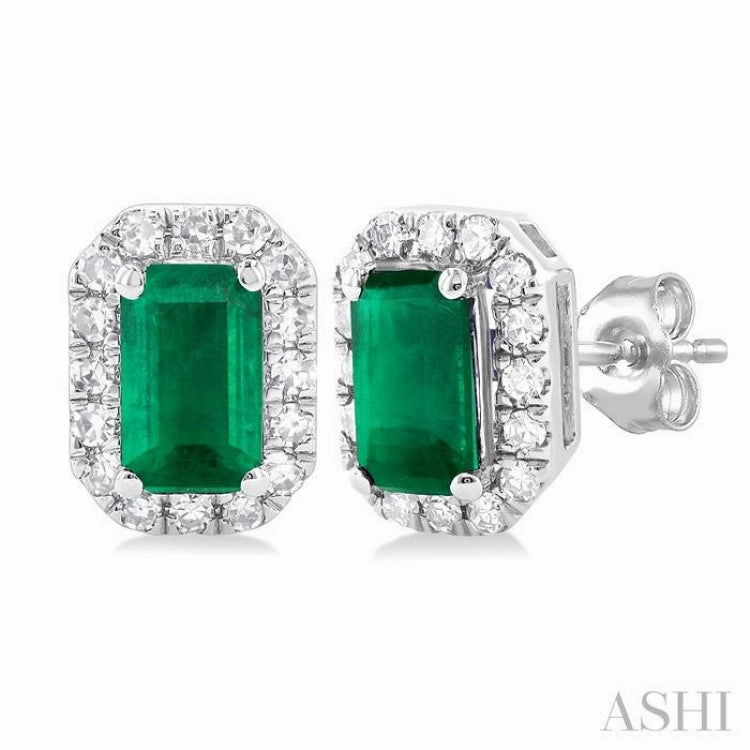 Light tone Festive Outfit 5x3 MM Octagonal Shape Emerald and 1/8 Ctw Single Cut Diamond Halo Precious Stud Earrings in 14K White Gold
