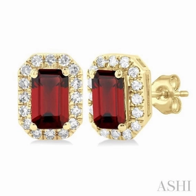 Glamorous touch 5x3 MM Octagonal Shape Garnet and 1/8 Ctw Single Cut Diamond Halo Semi-Precious Stud Earrings in 14K Yellow Gold