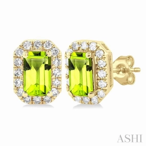 Classic Fashion Pure Feature 5x3 MM Octagonal Shape Peridot and 1/8 Ctw Single Cut Diamond Halo Semi-Precious Stud Earrings in 14K Yellow Gold