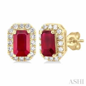 Glam Style 5x3 MM Octagonal Shape Ruby and 1/8 Ctw Single Cut Diamond Halo Precious Stud Earrings in 10K Yellow Gold