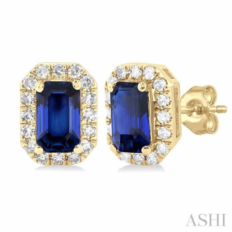 5x3 MM Octagonal Shape Sapphire and 1/8 Ctw Single Cut Diamond Halo Precious Stud Earrings in 14K Yellow Gold Sleek Edge