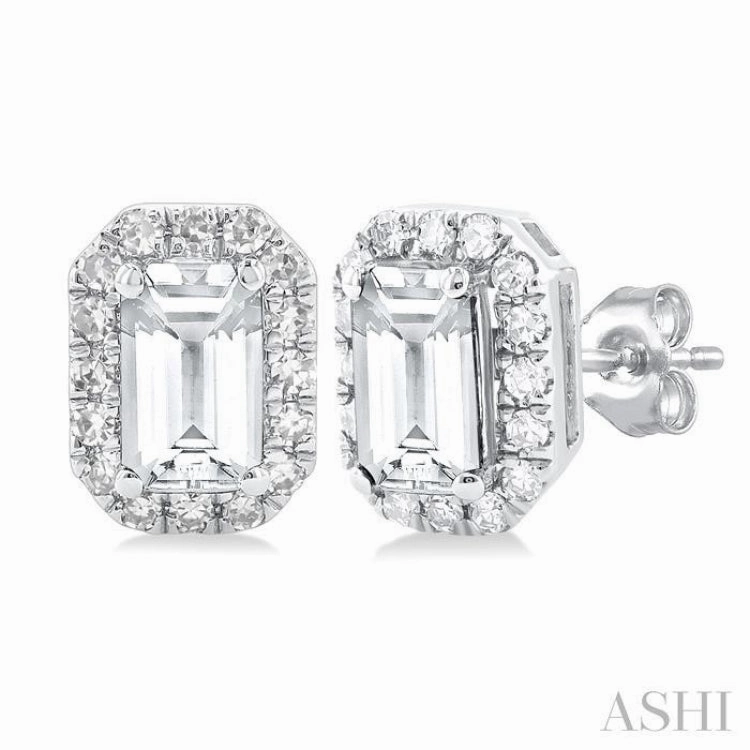5x3 MM Octagonal Shape White Topaz and 1/8 Ctw Single Cut Diamond Halo Semi-Precious Stud Earrings in 10K White Gold daily pick Enchanted Sparkle