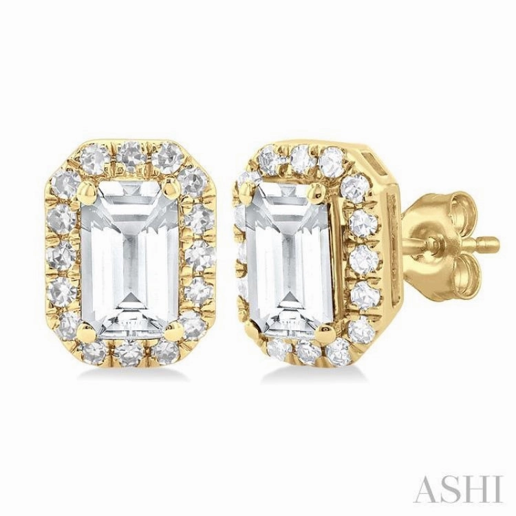 5x3 MM Octagonal Shape White Topaz and 1/8 Ctw Single Cut Diamond Halo Semi-Precious Stud Earrings in 10K Yellow Gold Glamourous Piece Holiday look