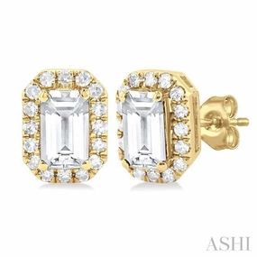 5x3 MM Octagonal Shape White Topaz and 1/8 Ctw Single Cut Diamond Halo Semi-Precious Stud Earrings in 14K Yellow Gold Mood Piece