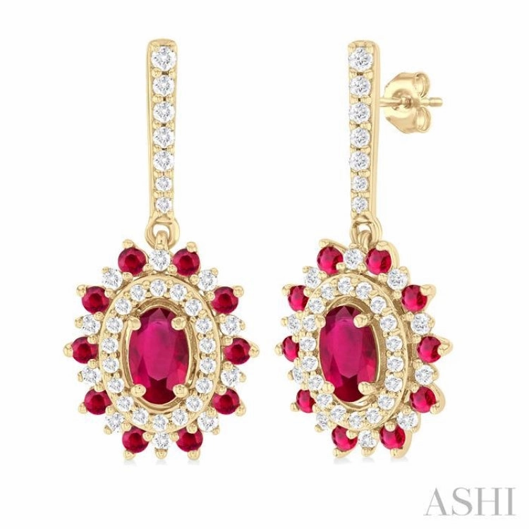 5x3 MM Oval Cut & 1.45 MM Round Cut Ruby and 1/3 Ctw Round Cut Diamond Precious Earring in 14K Yellow Gold Soft Vibe