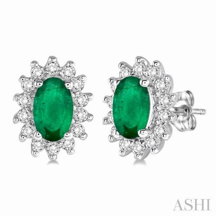 Charming Treasures Polished Pieces 5x3 MM Oval Cut Center Emerald and 1/5 Ctw Round Cut Diamond Sunflower Precious Earrings in 10K White Gold