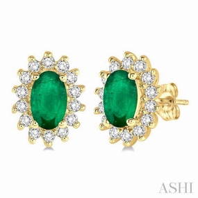 5x3 MM Oval Cut Center Emerald and 1/5 Ctw Round Cut Diamond Sunflower Precious Earrings in 10K Yellow Gold Petite Glam night look