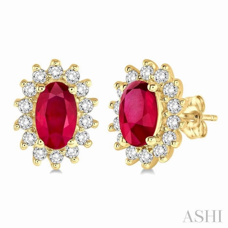 5x3 MM Oval Cut Center Ruby and 1/5 Ctw Round Cut Diamond Sunflower Precious Earrings in 10K Yellow Gold Chic Pop Party Detail