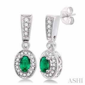 Versatile Piece Gifting Moment 5x3 MM Oval Cut Emerald and 1/3 ctw Round Cut Diamond Earrings in 14K White Gold
