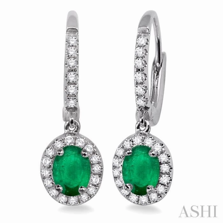 Autumn Glow Radiant Craft 5x3 MM Oval Cut Emerald and 1/4 Ctw Round Cut Diamond Earrings in 14K White Gold