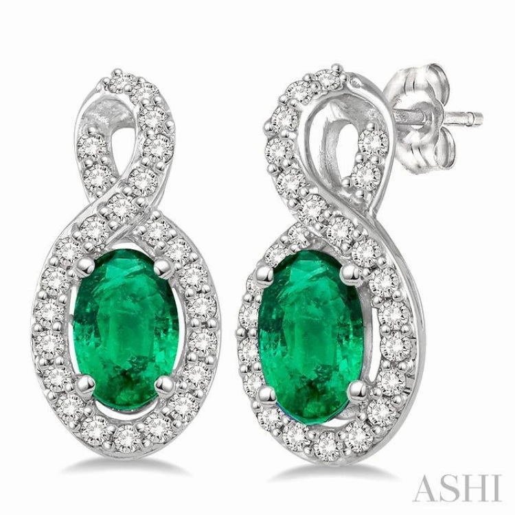 5x3 MM Oval Cut Emerald and 1/5 ctw Round Cut Diamond Earrings in 10K White Gold All Time Dazzling Highlight