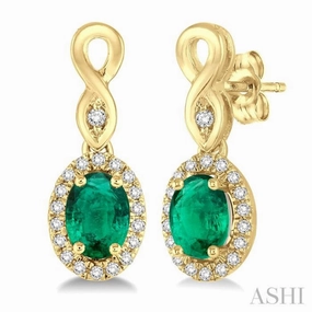 5x3 MM Oval Cut Emerald and 1/6 ctw Round Cut Diamond Earrings in 10K Yellow Gold Everyday Sparkle