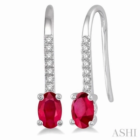 Modern Fashion 5x3 MM Oval Cut Ruby and 1/20 ctw Round Cut Diamond Precious Earrings in 10K White Gold