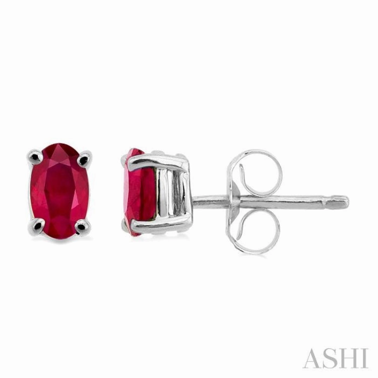Elite Touch Vibrant Shine Finish 5x3 MM Oval Cut Ruby Stud Earrings in 14K White Gold