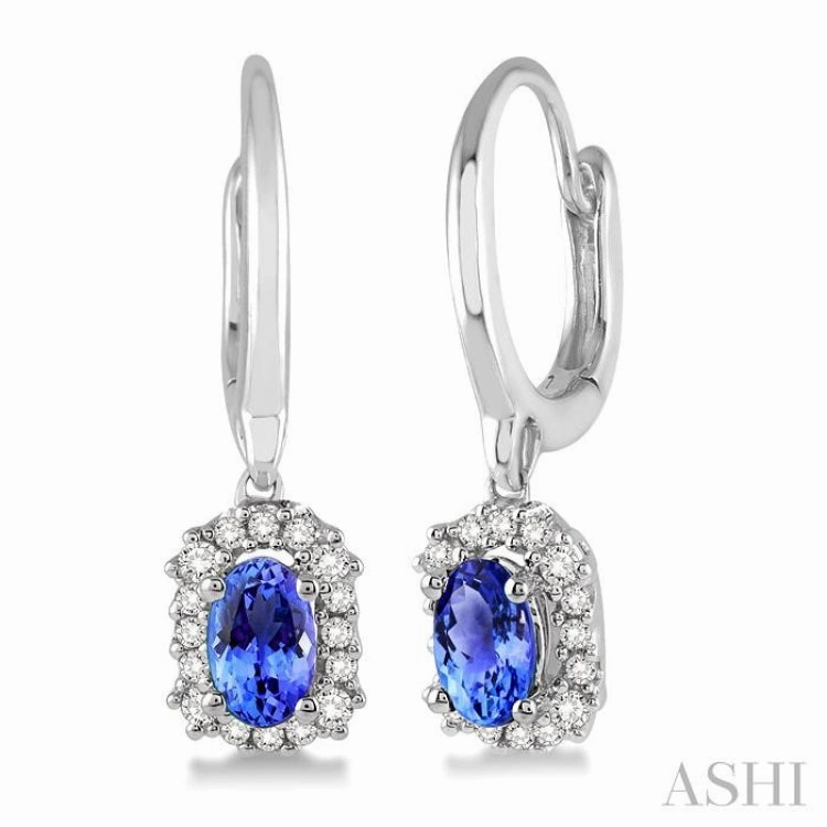 Red Carpet 5x3 MM Oval Cut Tanzanite and 1/6 Ctw Round Cut Diamond Precious Earrings in 14K White Gold