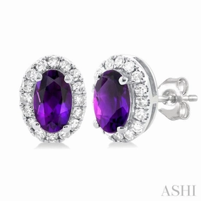 Vivid Finish 5x3 MM Oval Shape Amethyst and 1/8 Ctw Single Cut Diamond Halo Semi-Precious Stud Earrings in 10K White Gold