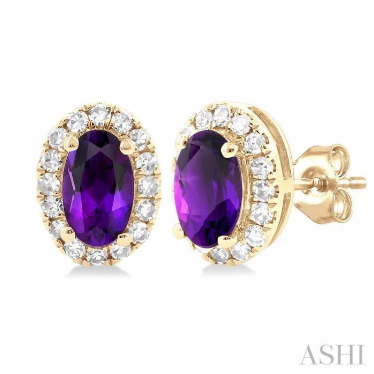 5x3 MM Oval Shape Amethyst and 1/8 Ctw Single Cut Diamond Halo Semi-Precious Stud Earrings in 14K Yellow Gold Fashionable Touch Fashionable Sparkle