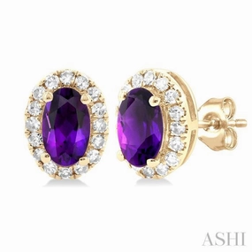 5x3 MM Oval Shape Amethyst and 1/8 Ctw Single Cut Diamond Halo Semi-Precious Stud Earrings in 14K Yellow Gold Fashionable Touch Fashionable Sparkle