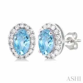 Sophisticated Appeal Relaxed Look 5x3 MM Oval Shape Aquamarine and 1/8 Ctw Single Cut Diamond Halo Semi-Precious Stud Earrings in 10K White Gold
