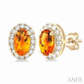 Gift Box 5x3 MM Oval Shape Citrine and 1/8 Ctw Single Cut Diamond Halo Semi-Precious Stud Earrings in 10K Yellow Gold