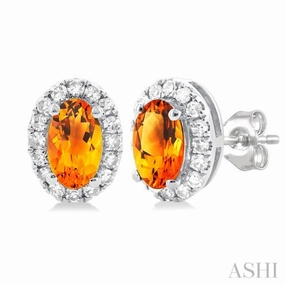 Refined Feature 5x3 MM Oval Shape Citrine and 1/8 Ctw Single Cut Diamond Halo Semi-Precious Stud Earrings in 14K White Gold