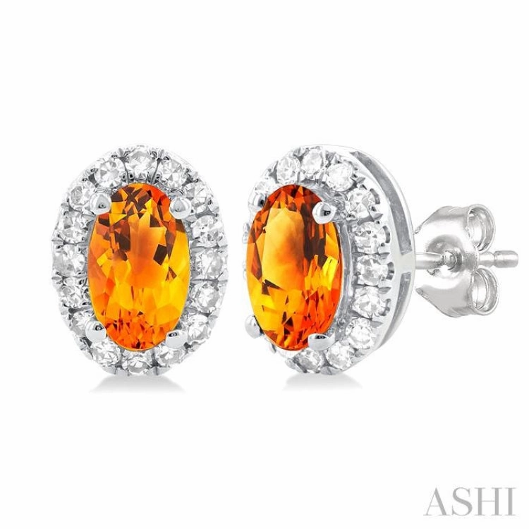 Refined Feature 5x3 MM Oval Shape Citrine and 1/8 Ctw Single Cut Diamond Halo Semi-Precious Stud Earrings in 14K White Gold