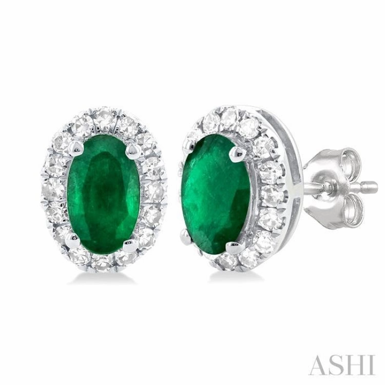 5x3 MM Oval Shape Emerald and 1/8 Ctw Single Cut Diamond Halo Precious Stud Earrings in 10K White Gold Finest Craft Autumn Accent