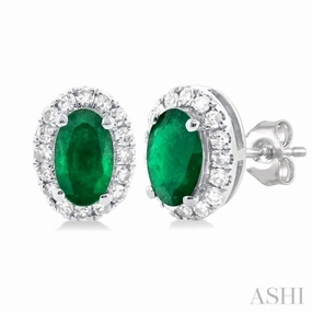 5x3 MM Oval Shape Emerald and 1/8 Ctw Single Cut Diamond Halo Precious Stud Earrings in 10K White Gold Finest Craft Autumn Accent