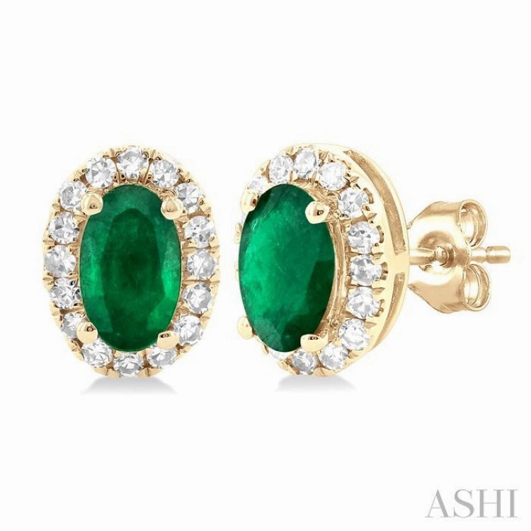 Understated Form Sparkling Touch 5x3 MM Oval Shape Emerald and 1/8 Ctw Single Cut Diamond Halo Precious Stud Earrings in 10K Yellow Gold