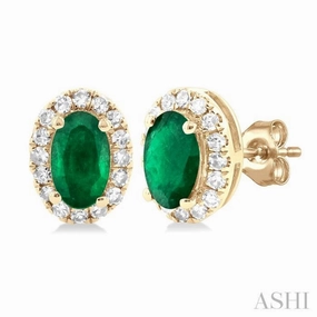 Glamorous Accent 5x3 MM Oval Shape Emerald and 1/8 Ctw Single Cut Diamond Halo Precious Stud Earrings in 14K Yellow Gold