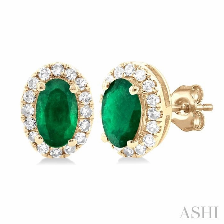 Glamorous Accent 5x3 MM Oval Shape Emerald and 1/8 Ctw Single Cut Diamond Halo Precious Stud Earrings in 14K Yellow Gold