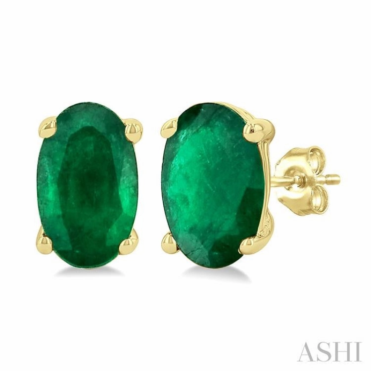 Ocean Look 5X3 MM Oval Shape Emerald Precious Stud Earrings in 14K Yellow Gold