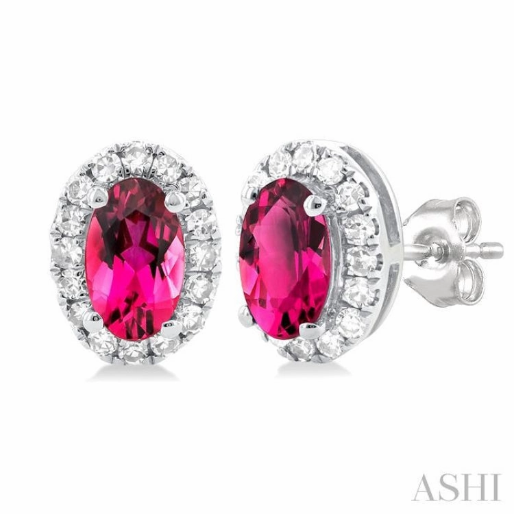 5x3 MM Oval Shape Pink Tourmaline and 1/8 Ctw Single Cut Diamond Halo Semi-Precious Stud Earrings in 10K White Gold Sparkle Ready