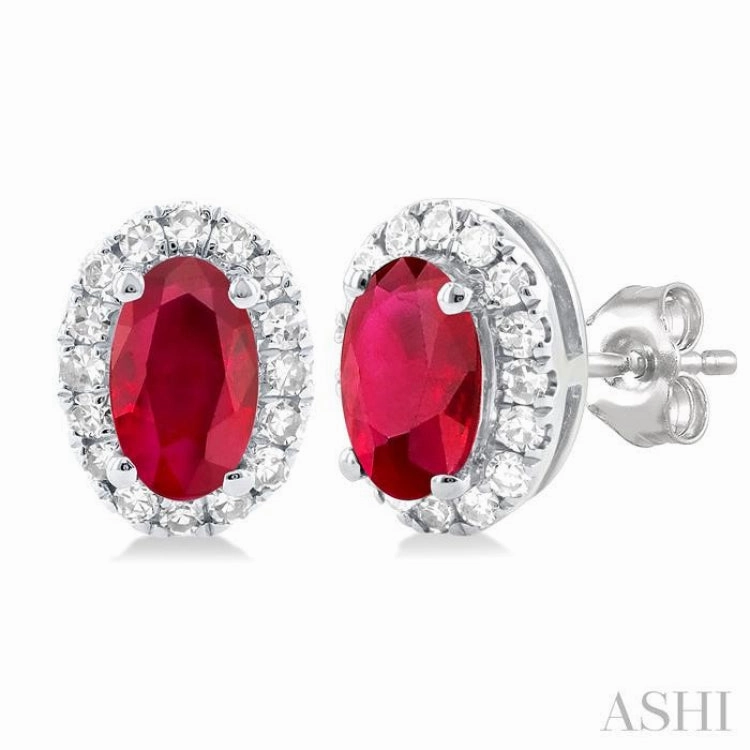 5x3 MM Oval Shape Ruby and 1/8 Ctw Single Cut Diamond Halo Precious Stud Earrings in 10K White Gold muted tone