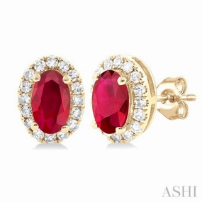 5x3 MM Oval Shape Ruby and 1/8 Ctw Single Cut Diamond Halo Precious Stud Earrings in 10K Yellow Gold Night Style Modern Form