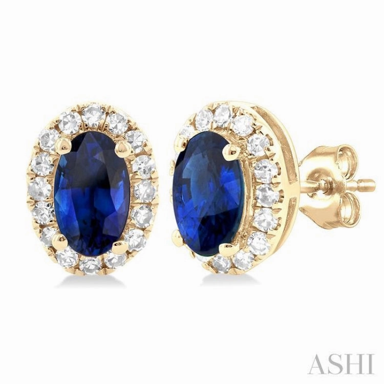 Daily Classic Fashion Pulse 5x3 MM Oval Shape Sapphire and 1/8 Ctw Single Cut Diamond Halo Precious Stud Earrings in 10K Yellow Gold