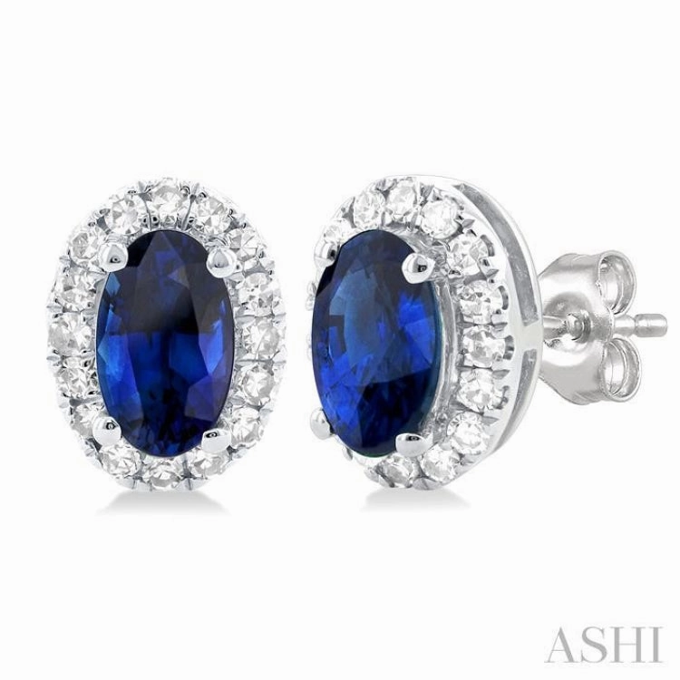 Trendy Fashion Sparkle Style 5x3 MM Oval Shape Sapphire and 1/8 Ctw Single Cut Diamond Halo Precious Stud Earrings in 14K White Gold