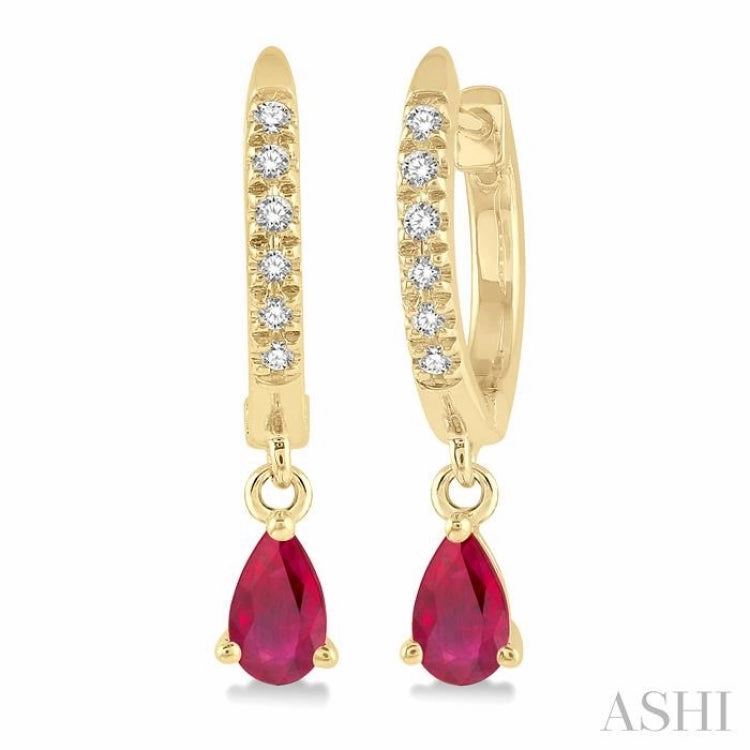 5x3 MM Pear Cut Ruby and 1/8 Ctw Round Cut Diamond Petite Fashion Huggie Earrings in 10K Yellow Gold Chic Touch Elegant Beauty