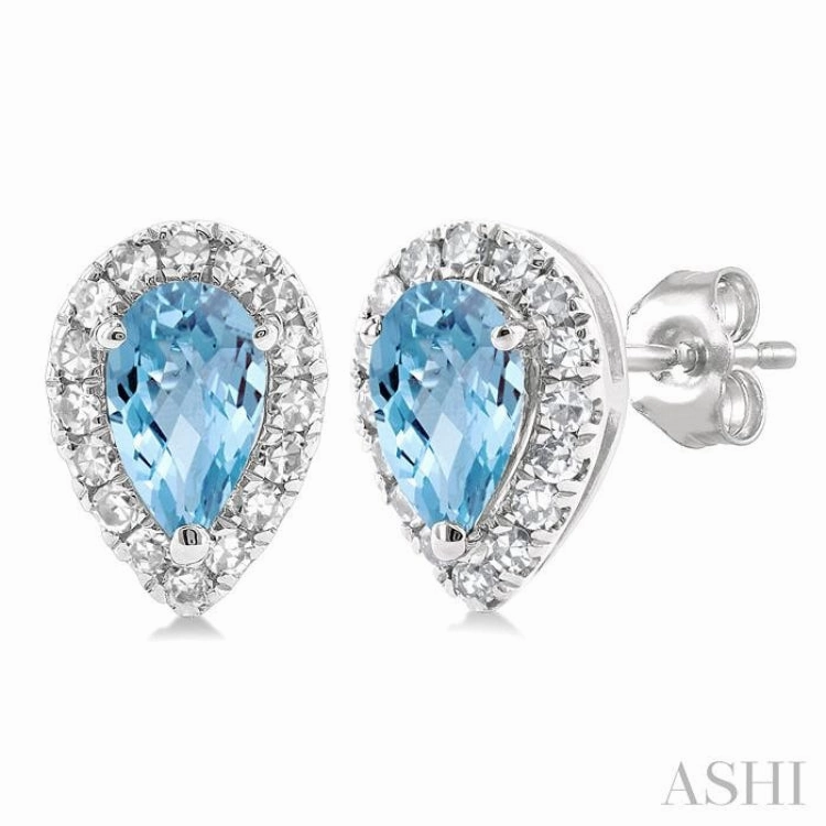 Graceful Beauty 5x3 MM Pear Shape Aquamarine and 1/8 Ctw Single Cut Diamond Halo Semi-Precious Stud Earrings in 14K White Gold