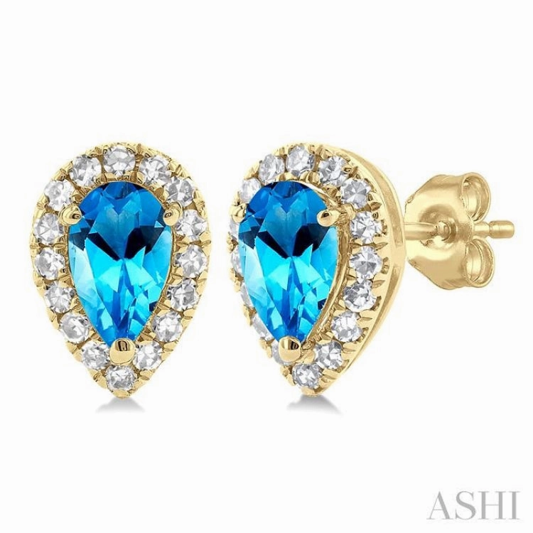 Fashion Appeal Timeless Detailing 5x3 MM Pear Shape Blue Topaz and 1/8 Ctw Single Cut Diamond Halo Semi-Precious Stud Earrings in 10K Yellow Gold
