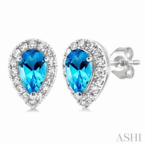 Charming Jewelry Soft Appeal 5x3 MM Pear Shape Blue Topaz and 1/8 Ctw Single Cut Diamond Halo Semi-Precious Stud Earrings in 14K White Gold
