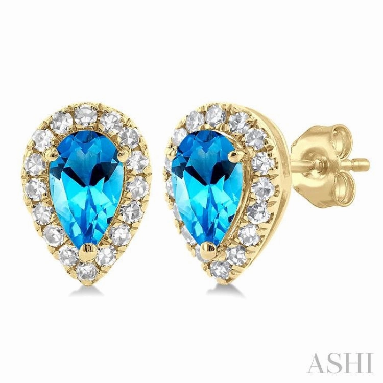 5x3 MM Pear Shape Blue Topaz and 1/8 Ctw Single Cut Diamond Halo Semi-Precious Stud Earrings in 14K Yellow Gold Luminous Highlight