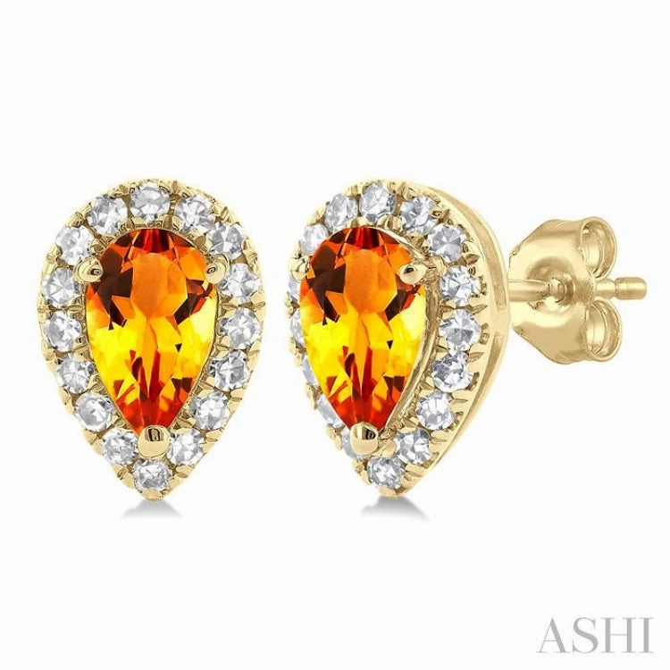 Evening Mood Dazzling Detail 5x3 MM Pear Shape Citrine and 1/8 Ctw Single Cut Diamond Halo Semi-Precious Stud Earrings in 14K Yellow Gold