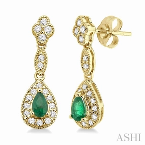 5x3 MM Pear Shape Emerald and 1/3 ctw Round Cut Diamond Earrings in 14K Yellow Gold Luxurious Shine