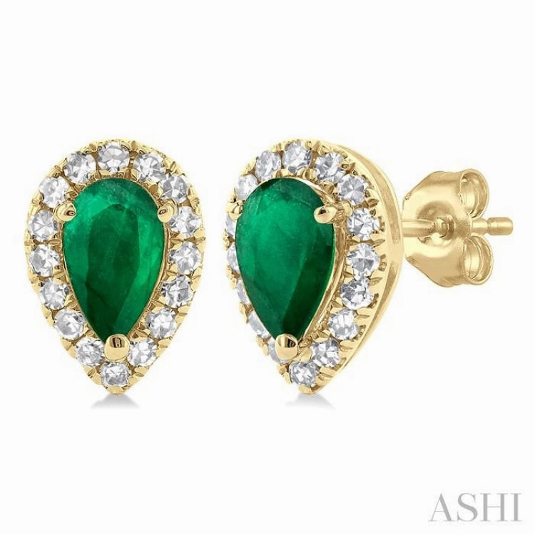 Signature Accent 5x3 MM Pear Shape Emerald and 1/8 Ctw Single Cut Diamond Halo Precious Stud Earrings in 10K Yellow Gold