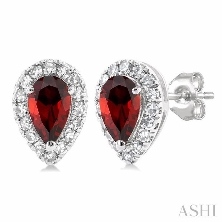 Weekend Glow 5x3 MM Pear Shape Garnet and 1/8 Ctw Single Cut Diamond Halo Semi-Precious Stud Earrings in 14K White Gold