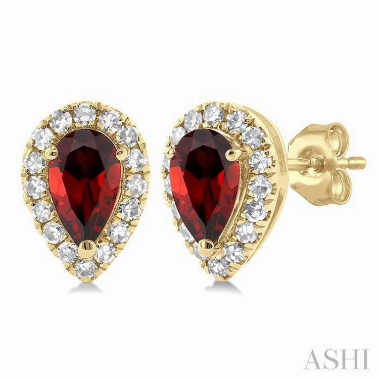 Contemporary Craft Sparkling Jewelry 5x3 MM Pear Shape Garnet and 1/8 Ctw Single Cut Diamond Halo Semi-Precious Stud Earrings in 14K Yellow Gold